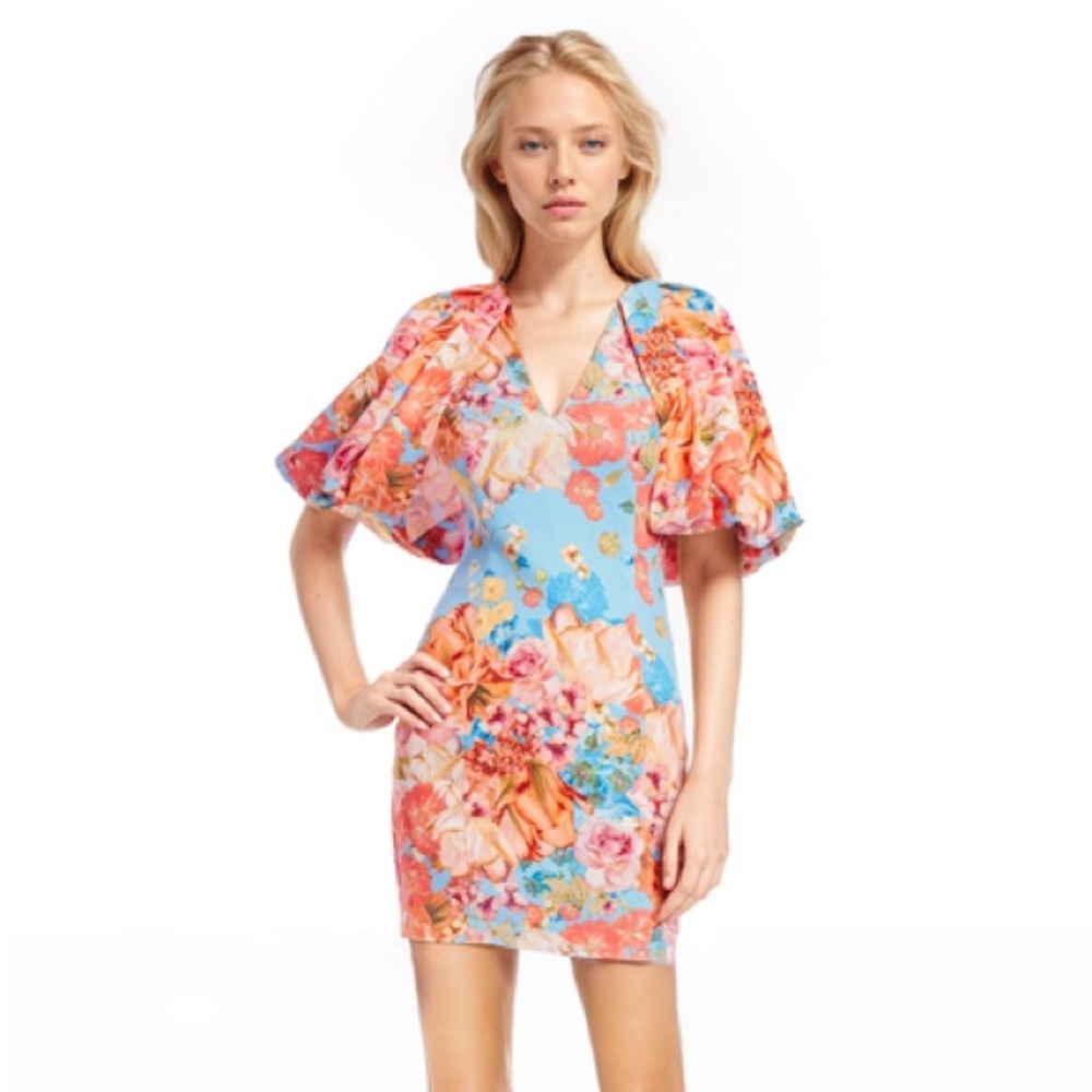 badgley mischka Floral Eden Puff Sleeve Mini Dress